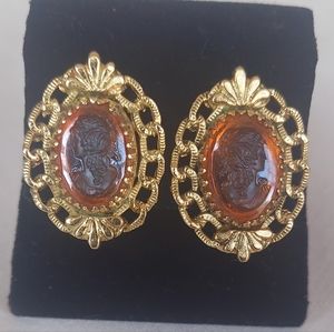 Vintage Whiting & Davis Orange Citrine Cameo Clip-on Silver Goldtone Earrings